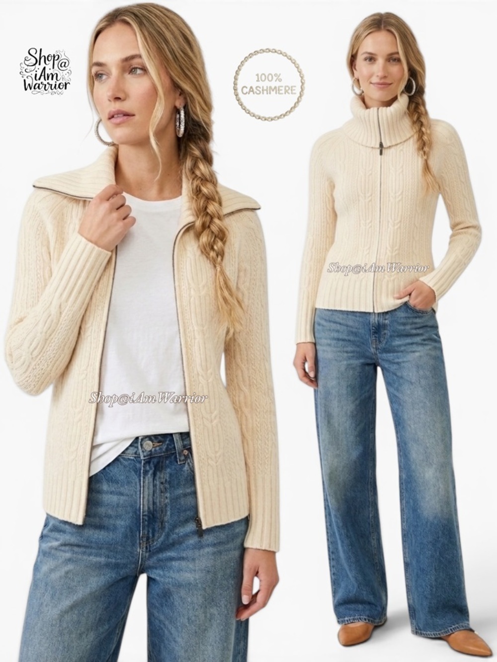 McDuff plush cashmere cable knit full zip convertible collar cardigan sweater